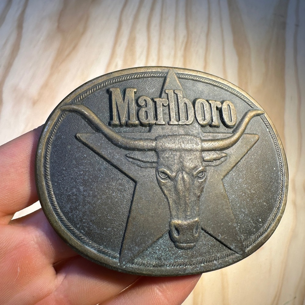 Vintage 1987 Marlboro Solid Brass Belt Buckle Longhorn Star Philip Morris Bronze